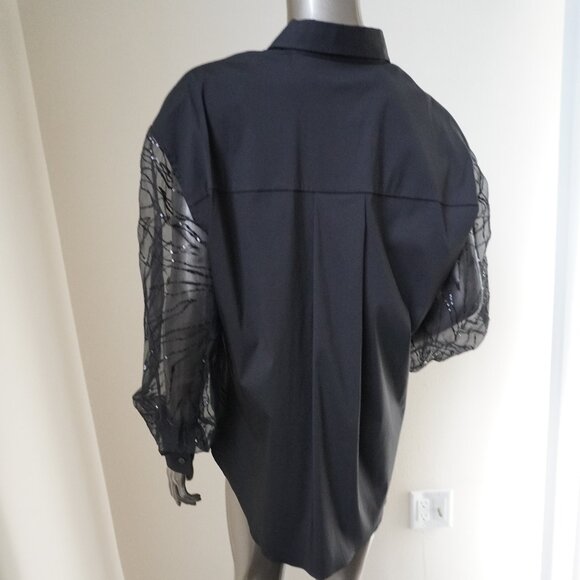 Brunello Cucinelli Black Sequin Blouse Button Down Sheer Sleeves Medium New Tags - Picture 6 of 8